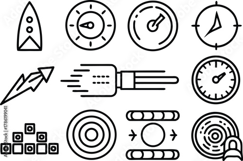 Speed and Performance Line Icons Set – Automotive Dashboard, Data Analytics, Velocity Symbols Vector