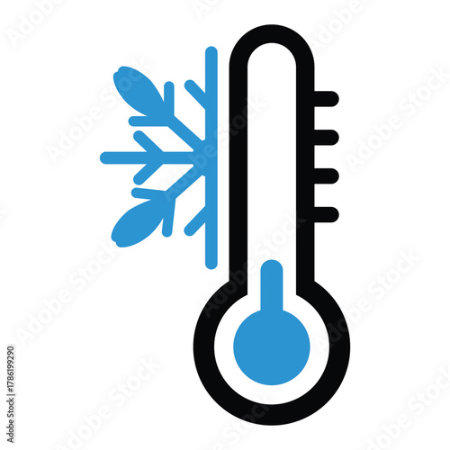 A vector icon of a thermometer with the temperature indicating cold, represented by a low blue liquid level and an adjacent blue snowflake. Symbolizes cold weather, low temperature, freezing.