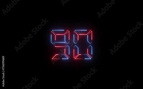 Neon ninety number glowing with blue and red outlines against a stark black background display art