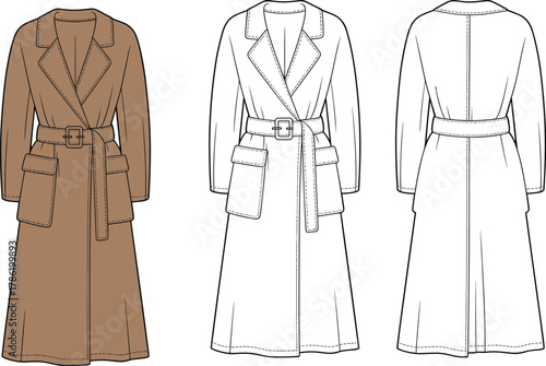 Trench coat fashion sketch with color and technical views, front and back design, vector template, CAD drawing flat vector illustration