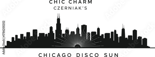 Chicago, skyline, silhouette, cityscape, disco, sun, urban, architecture, sunrise, sunset, vector, illustration, black, graphic, modern, stylish, nightlife, charm, iconic, design