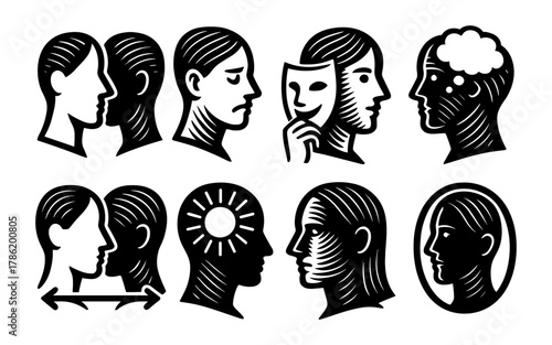 Conceptual human heads in black and white silhouette illustrations