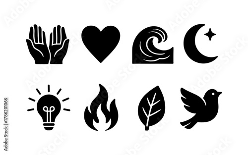 Set of silhouette icons: symbols of nature and wellbeing