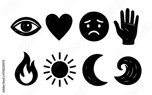 Minimalist black icons: eye, heart, hand, sun, moon, fire, wave, face