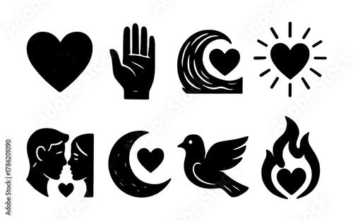 Romantic symbols: collection of love icons in silhouette style for valentine's day and relationships