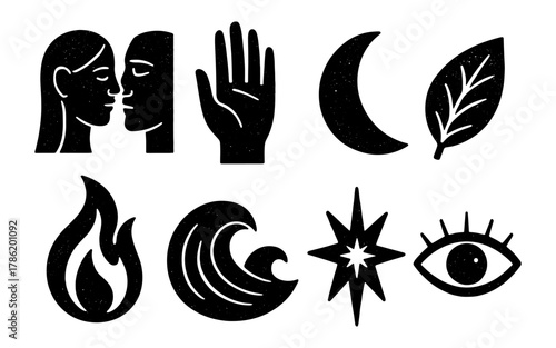 Stylized black silhouette icons: nature, human face, moon, leaf, fire, wave, star, eye