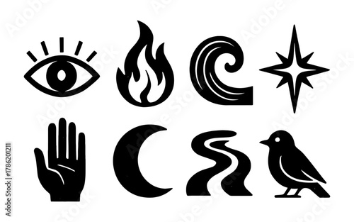Bold silhouette icons of nature and mysticism: eye, flame, wave, star, hand, moon, path, bird