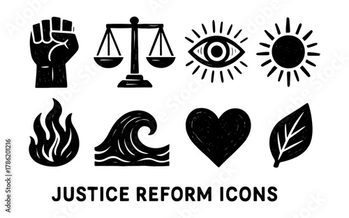 Justice reform icons set featuring bold hand drawn symbols for activism and equality