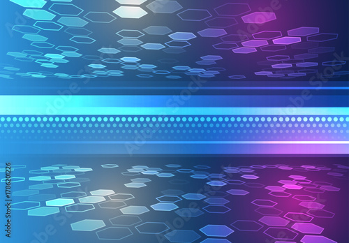 A futuristic blue-violet technological background with glowing hexagons stretching into the distance and lighting effects. Contemporary digital design for innovation, data, and high-tech concepts.