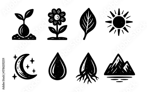 Hand-drawn nature icons: plants, sun, moon, and mountains in black and white