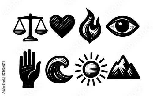 Set of hand-drawn symbols: heart, scales, flame, eye, hand, wave, sun, mountains