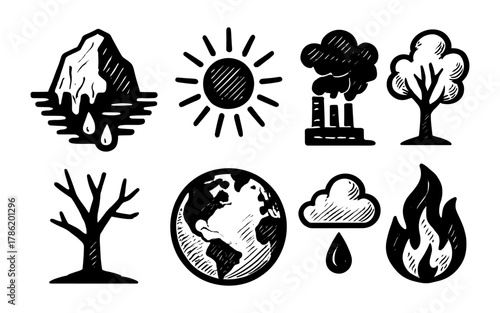 Hand drawn environment and climate change icons featuring nature and pollution