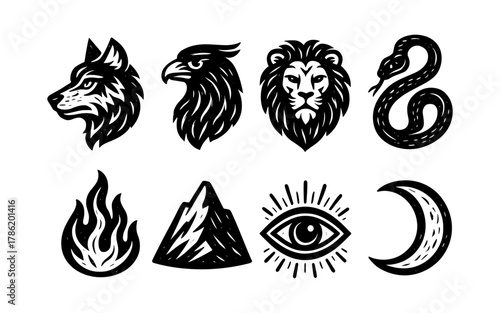 Bold tattoo style animal and symbolic icons collection