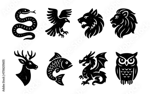Monochrome animal emblems featuring lion, dragon, eagle, and more in distinct black silhouette style