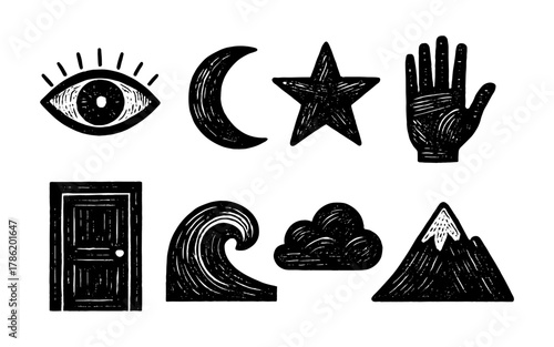 Vintage hand-drawn mystic icons set with eye, moon, star, and nature elements