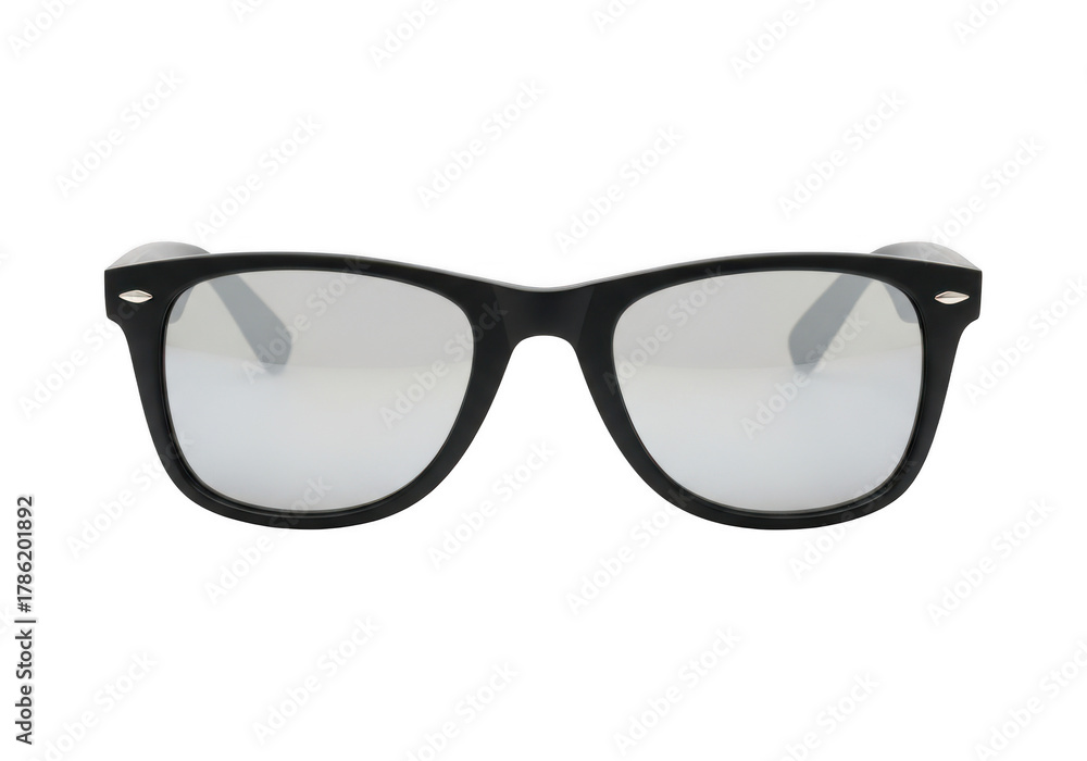 Fototapeta premium Black wayfarer sunglasses with silver mirror lenses isolated on transparent background for adding your own reflection or design