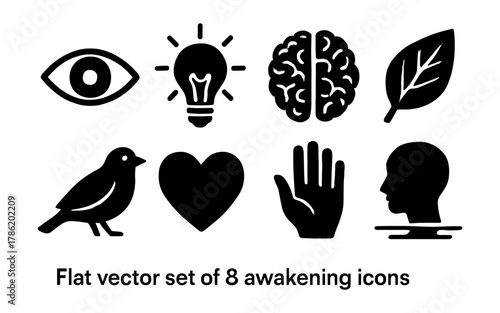 Flat icon set featuring brain, light bulb, and nature elements for awakening theme