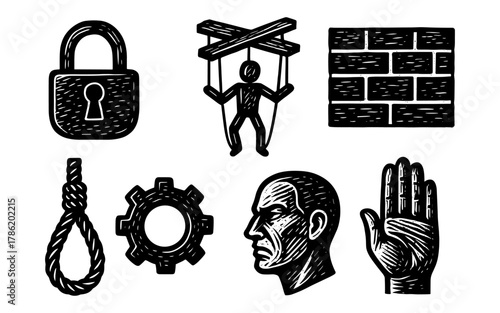 Vintage woodcut icons: control, security, and justice concepts in black and white