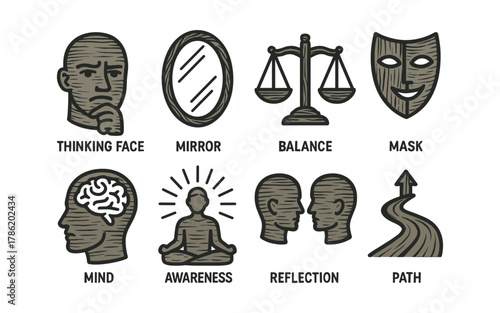 Mindfulness symbols: awareness balance reflection journey set in vintage style