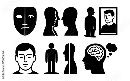 Psychology and identity concept with silhouette faces and masks