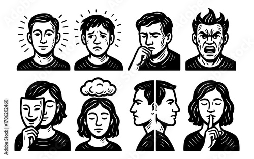 Emotional expressions: diverse human faces displaying various feelings in black and white