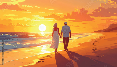 Elderly couple holding hands during a romantic sunset beach walk. Senior couple strolling along the beach at golden hour. Sunset romance: elderly couple walking along the peaceful beach