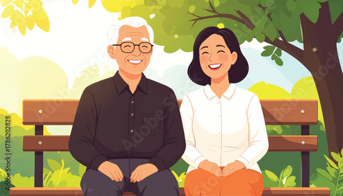 Elderly man and younger woman enjoying a happy moment in the park. Senior and younger couple sharing a joyful time on a park bench. Happy elderly man and woman laughing on a sunny park bench