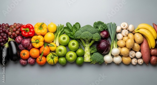 Fototapeta Naklejka Na Ścianę i Meble -  A vibrant and colorful assortment of fresh healthy fruits and vegetables arranged in a rainbow spectrum on a clean light gray background for a visually appealing display of produce