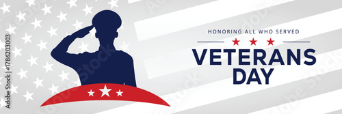 Veterans Day banner with a soldier silhouette saluting, flanked by American flags, set against a background of stars and stripes. Honors veterans and service members who served the USA.