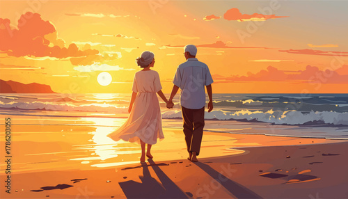 Elderly couple enjoying a sunset beach walk hand-in-hand. Senior couple walking along the shore with sunset views. Golden sunset stroll on the beach with an elderly couple
