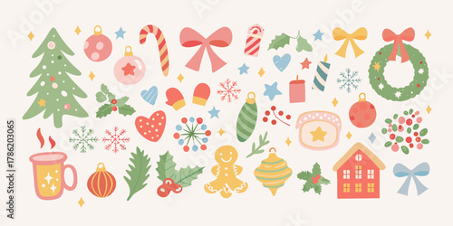 Collection of cute hand drawn christmas elements including tree ornaments wreath gingerbread house and candy canes