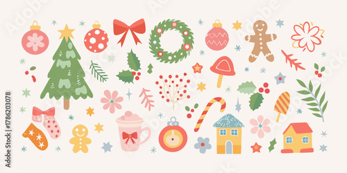 Charming collection of festive christmas elements and decorations in a whimsical style