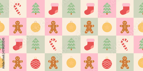 Whimsical christmas pattern featuring gingerbread men candy canes christmas trees and stockings