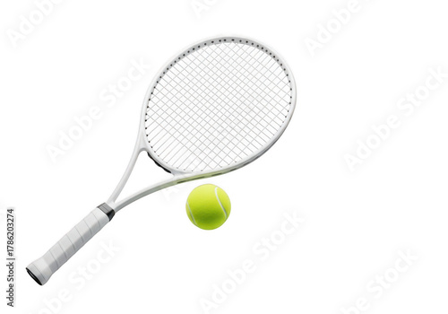 Closeup of a white tennis racket with a yellow ball
