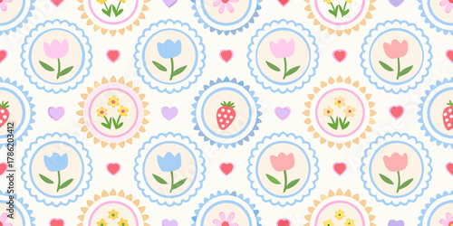 Cute seamless pattern with strawberries tulips and flowers in pastel colors on a light background