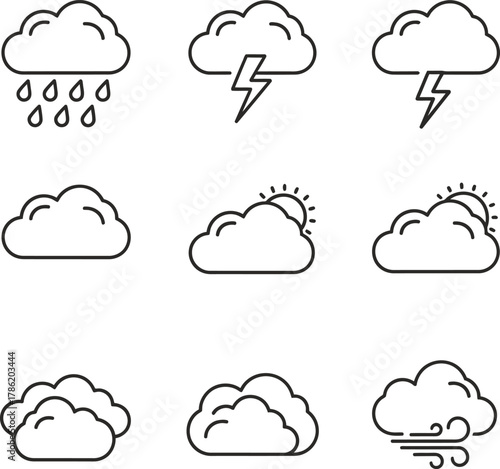 Weather forecast icons set, outline style for various conditions