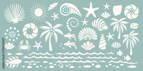 Collection of white beach and ocean icons including seashells palm trees sun fish crabs and waves on a teal background