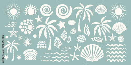 Collection of white tropical beach and ocean elements on a muted teal background