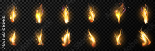 Realistic flame with glow effect, bright fire, transparency effect, vector illustration.