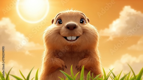 Fototapeta Naklejka Na Ścianę i Meble -  Adorable cartoon groundhog smiling brightly in the sunlit meadow