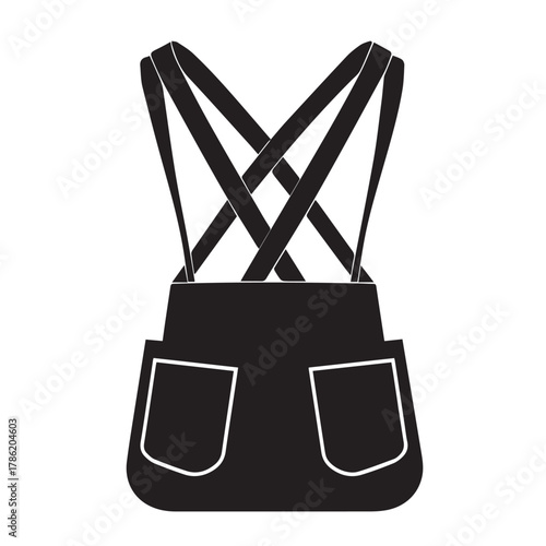 Simple black silhouette of a denim pinafore dress or apron with two front pockets and crisscrossed straps on a white background