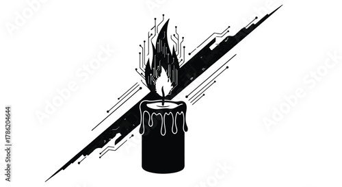 Burning candle with digital circuit flames symbolizes technological innovation and inspiration