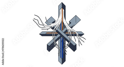 Abstract geometric structure with integrated wireframe and fiber optic cables symbolizing technology connections and data transfer