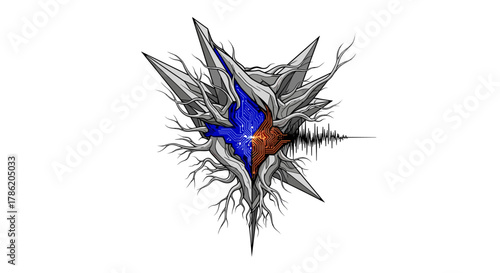 Abstract Crystal Formation Exploding with Blue and Orange Energy and Tree Roots Detailed Illustration