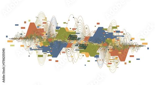 Abstract Digital Data Visualization with Wavy Lines and Geometric Shapes Isolated on White Background