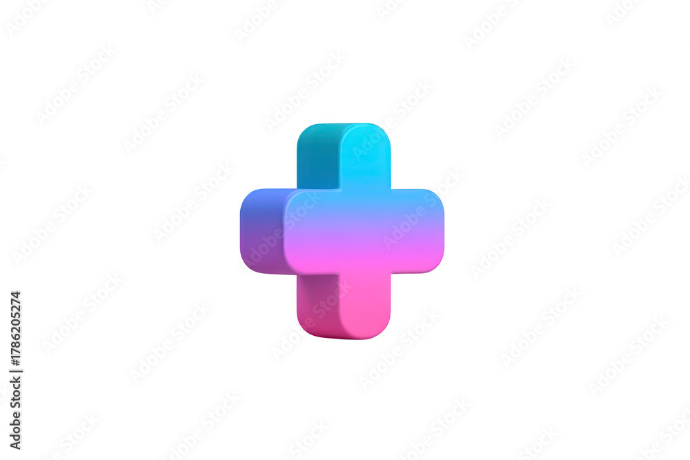 Obraz premium 3D plus sign with smooth gradient blue and pink color, isolated on transparent background, modern minimal style, symbol for health, medical, or addition concepts, vibrant and uplifting design