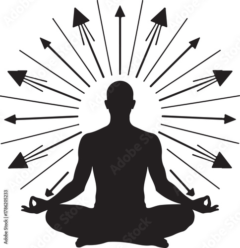 Meditating person vector silhouette with radiating arrows symbolizing mental clarity and spiritual awakening