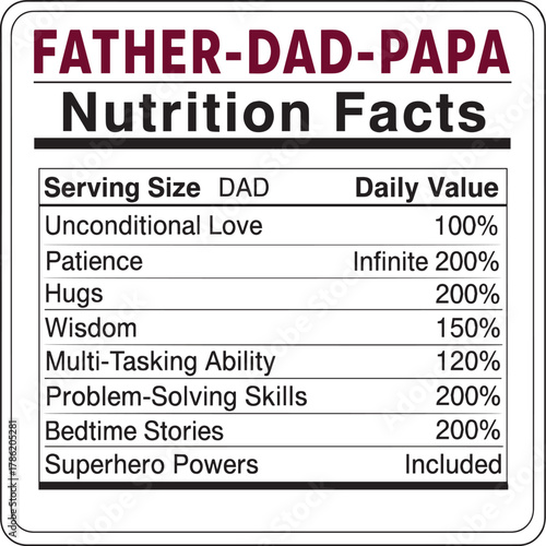 Father dad papa nutrition facts label with unconditional love patience hugs wisdom.