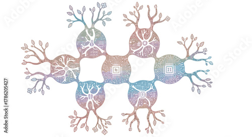 Abstract Organic Network Structure with Growing Branches Isolated on White Background