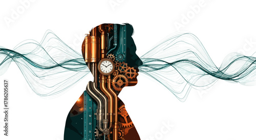 Futuristic Steampunk Man Silhouette Conceptualizing With Cogwheels And Futuristic Technology